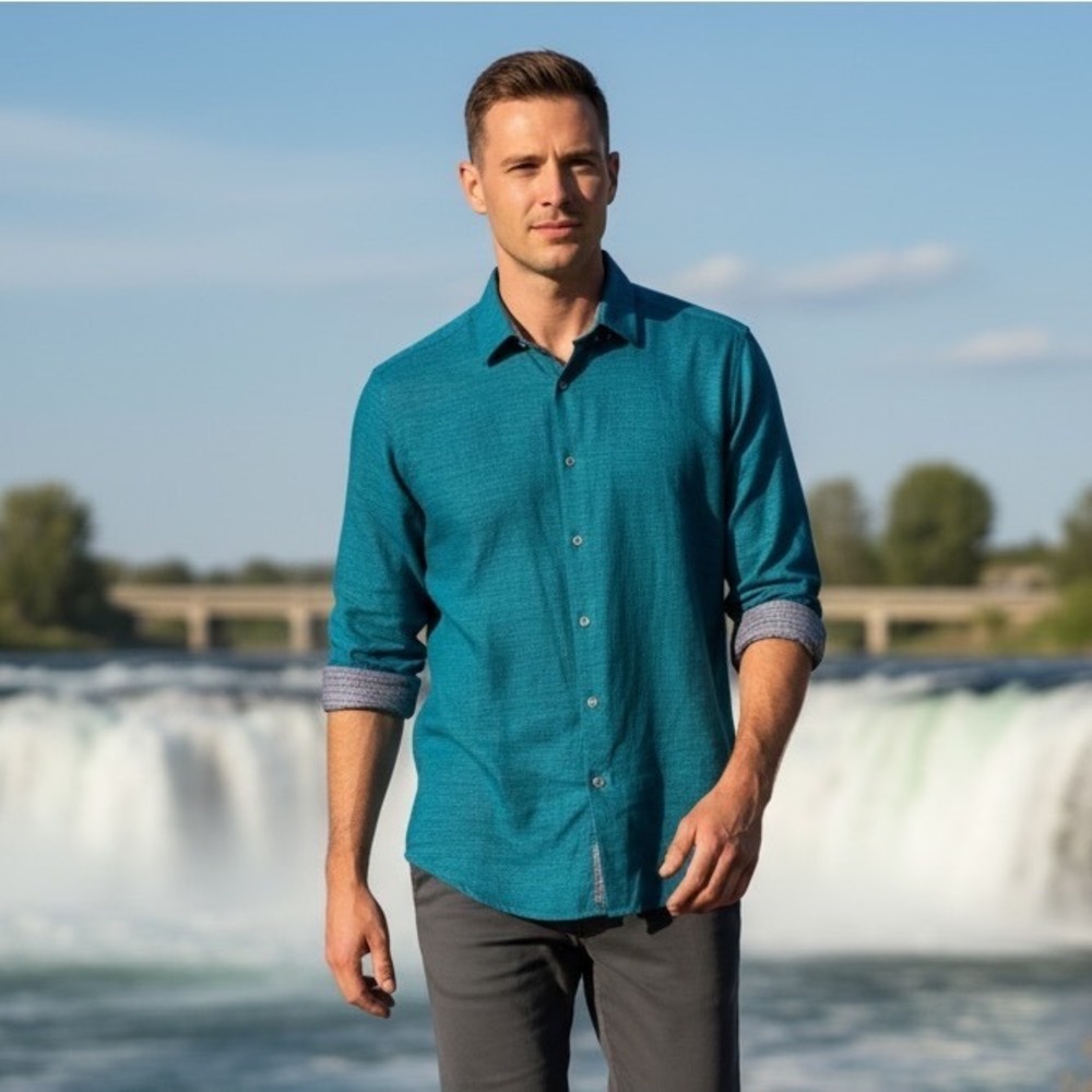 Robert Graham Teal Patterned Long Sleeve Linen Blend Shirt in Size Small